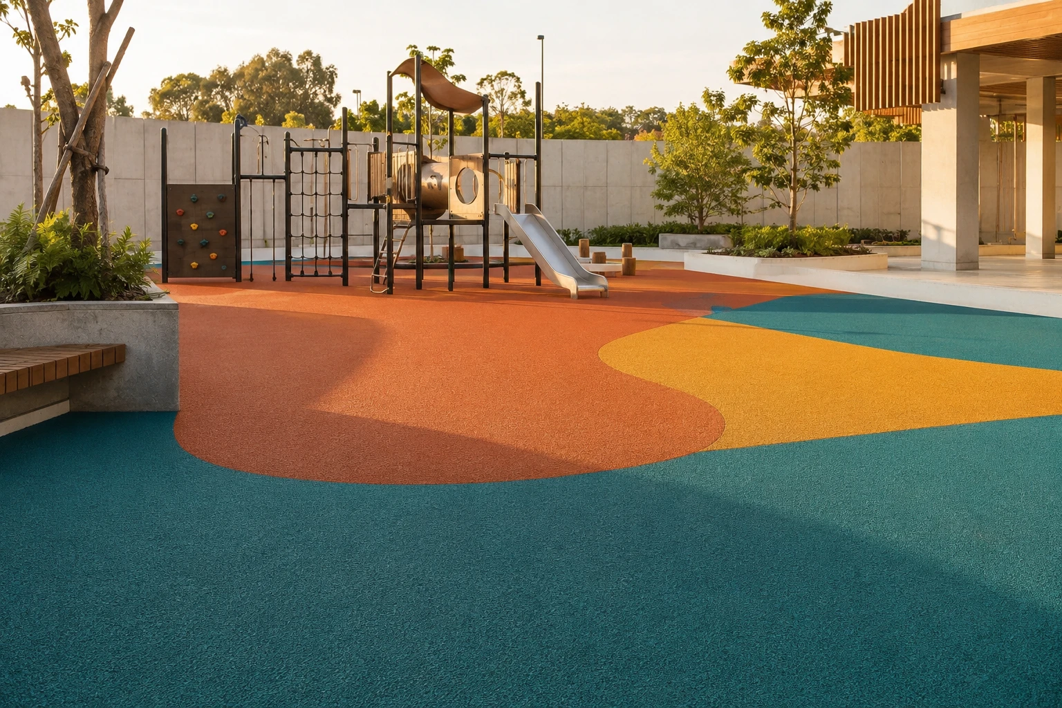 Concepto de parque infantil con piso continuo de EPDM en tonos azul, terracota y amarillo